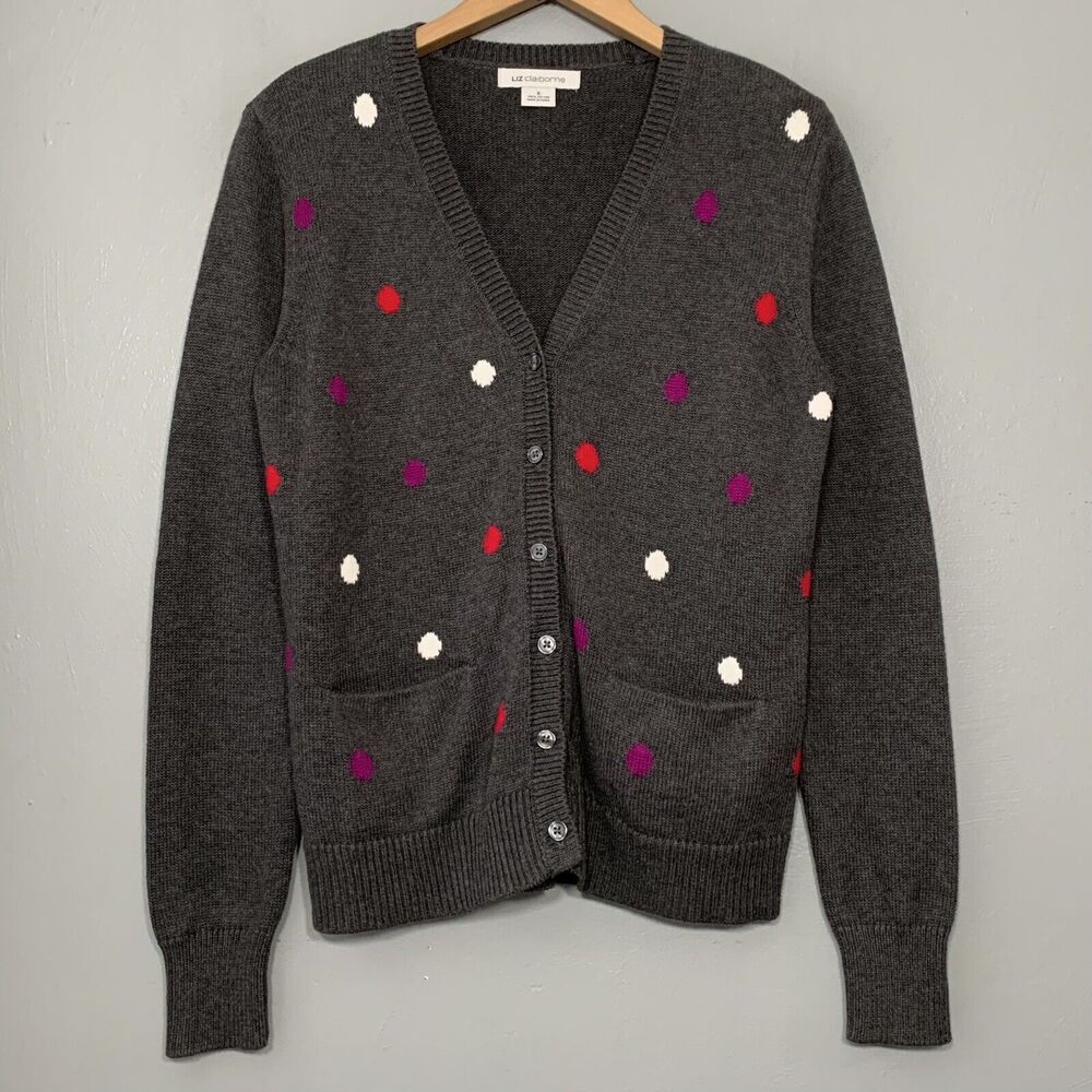 Liz Claiborne Womens Size Small Gray Dot Cardigan Preppy Chic Kawaii School Girl